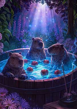 Capybaras relaxing in a hot spring