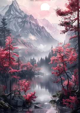 Misty Mountain Lake with Cherry Blossoms