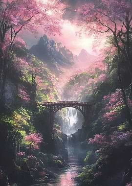 Enchanting Cherry Blossom Bridge Over Waterfall