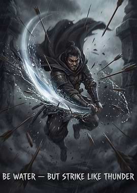 Samurai Deflecting Arrows in Rain