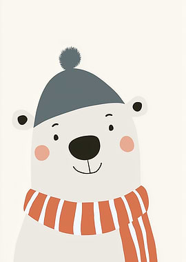 Cute Polar Bear Wearing a Hat and Scarf