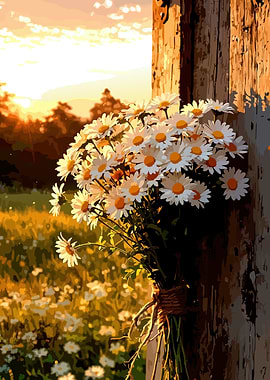 Daisies tied to a wooden post at sunset