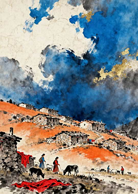 Mountain Village with Figures and Livestock