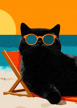Black Cat on Beach with Sunglasses
