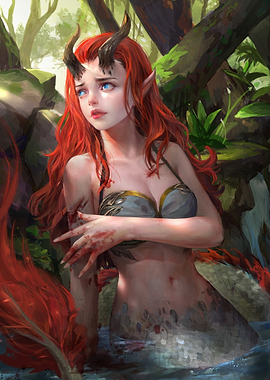 Injured Mermaid with Horns in Forest Stream