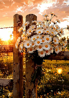 Daisies on a Fence at Sunset