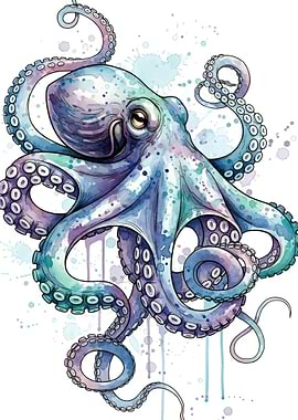 Watercolor Octopus with Splashes