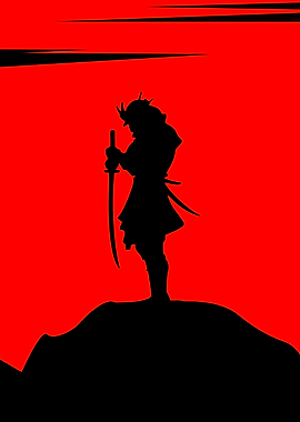 Samurai Silhouette on Red Background