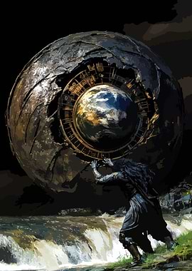 Figure Pushing Giant Orb with Earth Inside