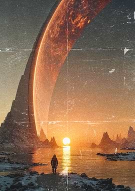 Lone figure on alien planet at sunset