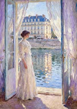 Woman in white dress by the Seine