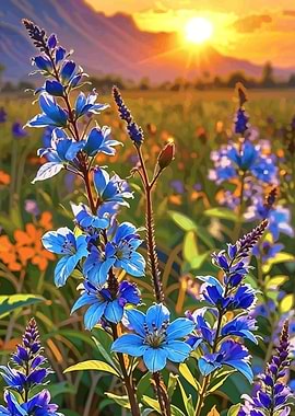 Blue Flowers in Sunset Field