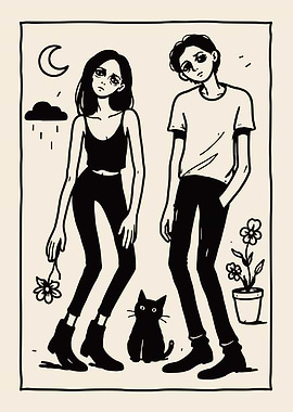 Sad Couple with Cat and Flowers