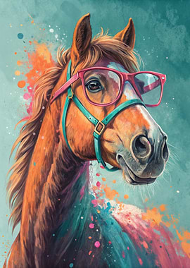 Artistic Horse with Glasses and Colorful Splashes
