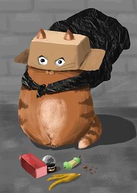 Cat in a Box with Trash