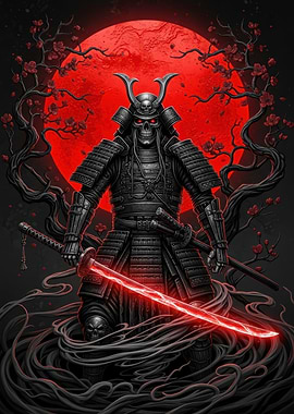 Samurai Skeleton Warrior with Red Moon