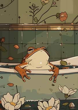 Frog relaxing in a bathtub with flowers
