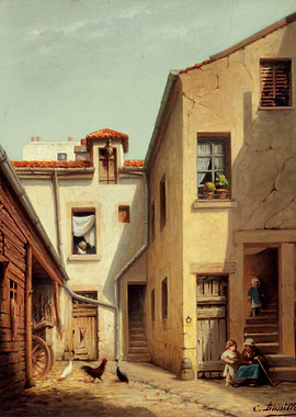 Courtyard Scene with Figures and Chickens