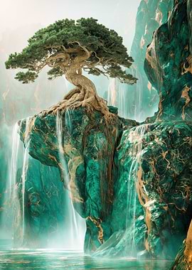 Bonsai Tree on Emerald Cliff Waterfall