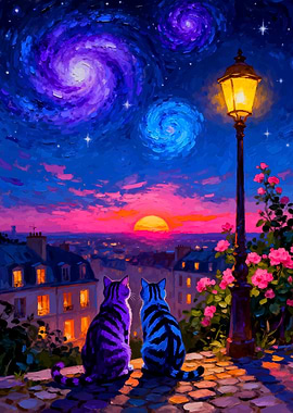 Cats Watching a Starry Sunset Over a City