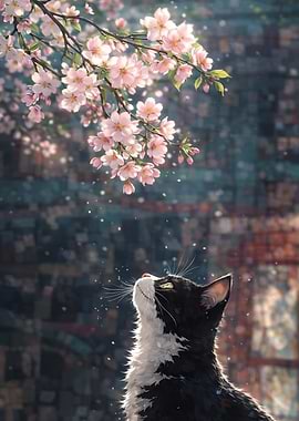 Cat Looking at Cherry Blossoms