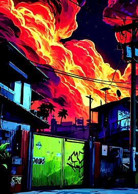 Cyberpunk Cityscape with Fiery Sky