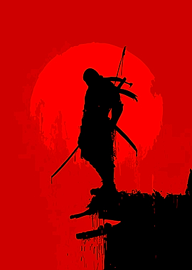 Silhouette Ninja Against Red Sun