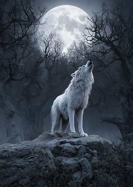 White Wolf Howling at the Moon