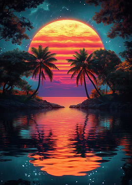 Pixel Art Tropical Sunset Reflection
