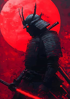 Samurai Warrior Under Red Moon