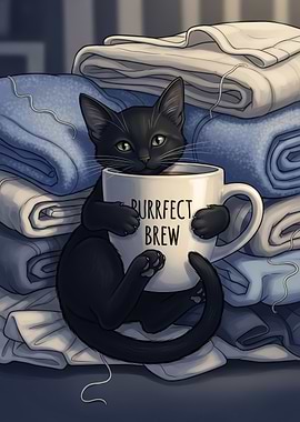 Black Cat with Coffee Mug