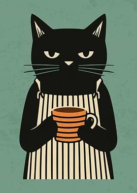 Black Cat with Coffee Mug