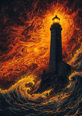 Lighthouse Stormy Sea Orange Sky