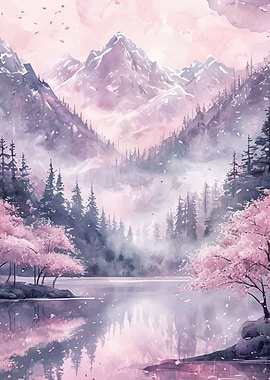 Misty Mountain Lake with Cherry Blossoms