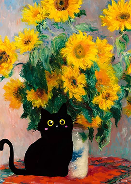 Black Cat with Sunflowers Painting