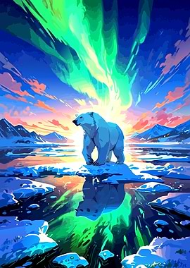Polar Bear Under Aurora Borealis
