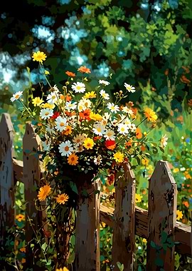 Colorful Flowers on a Wooden Fence