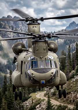 Military Helicopter Flying Over Mountains