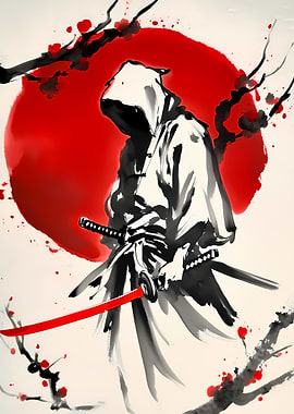 Samurai with Red Sword and Sun