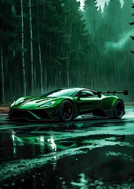 Green Sports Car in Forest