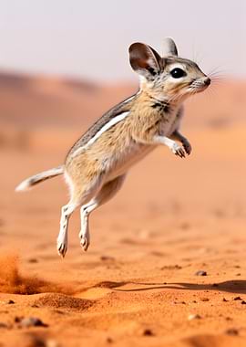 Jerboa jumping in desert sand