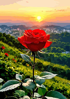 Red Rose at Sunset Landscape