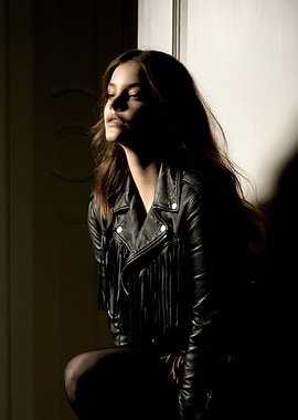 Barbara Palvin in leather jacket with fringe