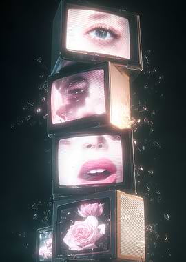 Stack of vintage TVs with abstract imagery