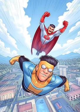 Invincible and Omni-Man flying over city