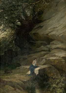 Woman in a forest by rocks