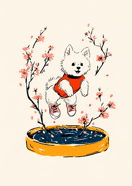 Cute Dog Jumping Among Cherry Blossoms