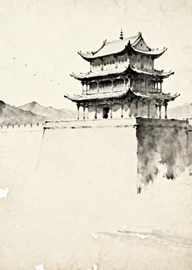 Traditional Chinese Pagoda on a Wall