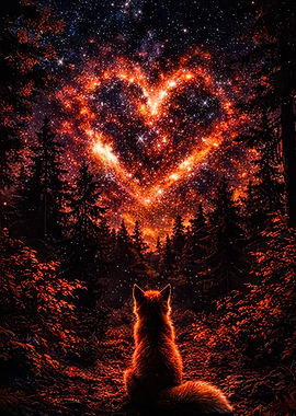 Fox Gazing at Starry Heart in Forest