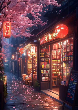 Japanese Street with Cherry Blossoms and Lanterns